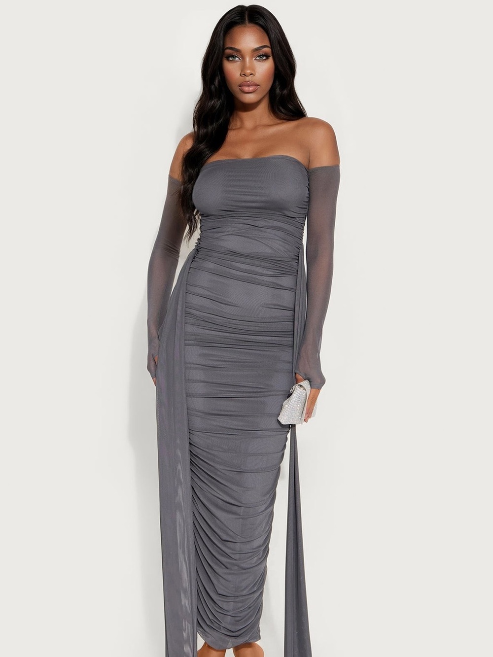 FASHION NOVA Off-Shoulder Ruched Maxi Dress in Charcoal Gray